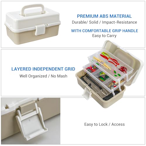 Layers Fishing Tackle Box, 213Pcs Fishing Lures Kit with Small Fishing Tool Kit Containing Weights Scale, Lip Clip, Hook Remover, Fishing Accessories, Fishing Gear for Beginners, Kids, Men, Adults - color: khaki&white