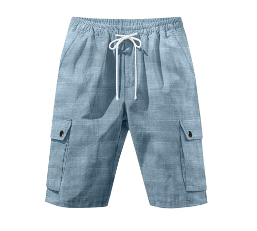 Mens Casual Linen Cargo Shorts Summer Fashion Solid Color Drawstring Elastic Waisted Beach Shorts Pockets - color: Blue, size: 3X-Large