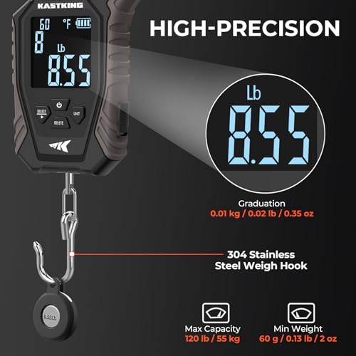 KastKing Weighmaster Mechanical-Digital Fishing Scale, 120 lb Capacity, 2.5" Backlit Display, High-Precision Sensor, 9 Weight Memory, Temperature Detection, IPX6 Waterproof, Fishing Gifts - style: A: Black