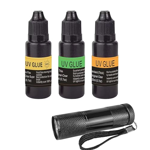 EUPHENG Fly Tying UV Resin Three Formula Thick,Thin and Super Flex Fly Tying Head Cement Fly Tying Glue for Building Flies Heads Bodies and Wings and Gluing Eyes - color: 3+uv light set 0.7oz
