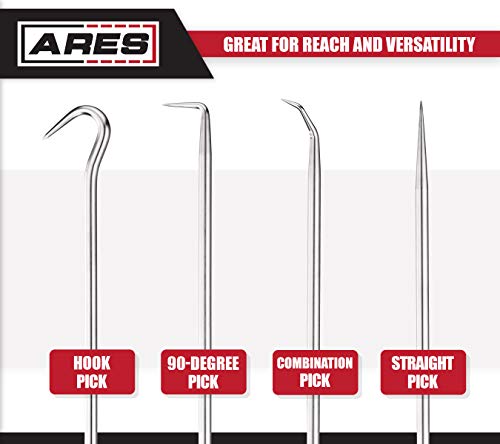 ARES 70246-4-Piece Hook and Pick Set - Includes a Large Straight Pick, 90 Degree Pick, Combination Pick and a Hook Pick - Chrome Vanadium Steel Shafts - Easily Remove Hoses, Gaskets and More - size: 4-Piece Hook and Pick Set