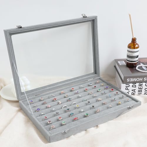 Wudygirl 7 Slot Ring Holder Velvet Jewelry Organizer Jewelry Tray for Drawer Rings Storage Ring Display Showcase Tray Stackable(Ring Box) - color: Gray, size: Ring