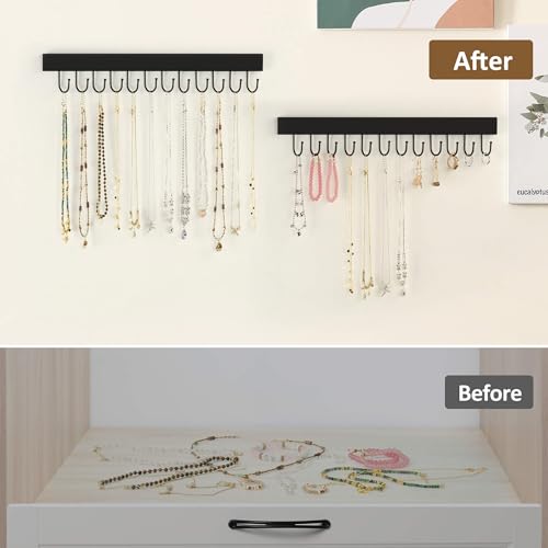 ZEDODIER 2 Pack Necklace Organizer Wall Mount, Wooden Jewelry Hanger Necklace Holder with 24 Hooks,Hanging Jewelry Organizer, Black - color: Black