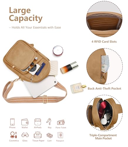 Anti Theft Crossbody Bags for Women RFID Leather Sling Purses,Crossbody Bags Travel Leather Fanny Pack for Women - color: Khaki