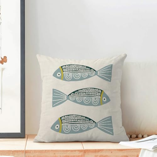 Coastal Blue Fish Pillow Covers 18x18 Inch Set of 2 Ocean Outdoor Throw Pillows Spring Summer Beach Nautical Pillowcase Linen Outdoor Decorative Cushion Covers for Bed Sofa Couch - color: Fish, size: 18" x 18" (Pack of 2)