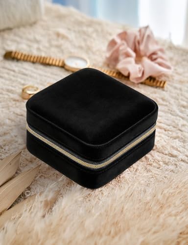 MFXIP Plush Velvet Travel Jewelry Case Small Jewelry Box Jewelry Organizer Storage Case Portable Jewelry Travel Case for Girls Womens Earring, Necklace, Rings,Bracelets with Mirror - color: Dark Black