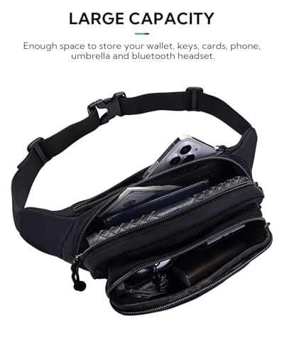 WATERFLY Fanny Pack Waist Packs: Large Crossbody Fanny Packs for Women Men with 5 Zipper Pockets Adjustable Strap Waist Bags Hip Pack for Traveling Cycling Running Hiking - color: Black-01