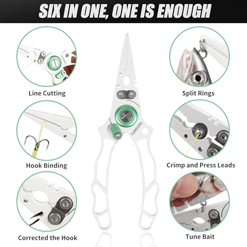 Fishing Pliers with Innovative Ergonomical Handle, Corrosion Saltwater Resistant,Fishing Multitool Hook Remover Braided Fishing Line Cutting, Split Ring with Coiled Lanyard and Sheath - color: White-6.6"
