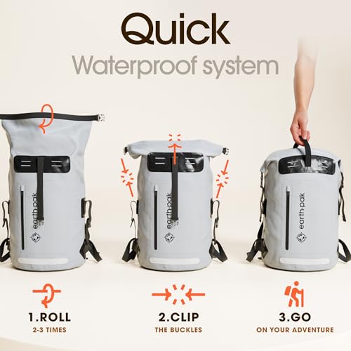 Earth Pak Waterproof Backpack - Heavy Duty Hiking Backpack - Roll-Top Closure Bag - Cushioned Dry Bag Waterproof Phone Case - color: Grey, size: 55L
