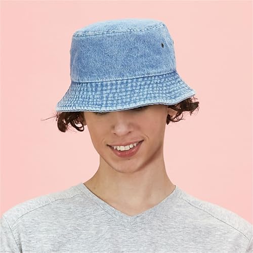 Cotton Bucket Hat Packable Sun Hat – Unisex Summer Travel Beach Fisherman Hat for Men Women Outdoor Fishing Hiking - color: 2. Light Denim, size: Small-Medium