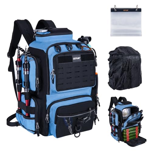Goture Fishing Backpack,900D Water-Resistant Tackle Backpack with Rod Holders, SBS Zippers,45L Large Fishing Bag Storage Gear Tackle Bag with Rain Cover, Bottle Holder for Travel Camping Hiking - color: A1:Blue Black(Only Bag), size: Without Tackle Boxes
