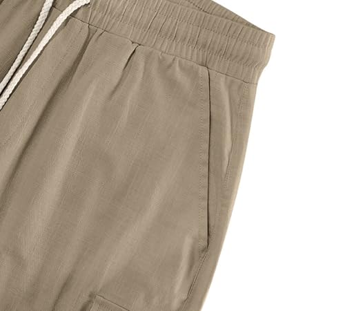 Mens Casual Linen Cargo Shorts Summer Fashion Solid Color Drawstring Elastic Waisted Beach Shorts Pockets - color: Khaki, size: Small