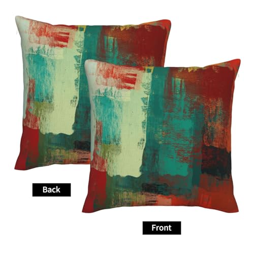Abstract Teal Throw Pillow Covers Green and Orange Square Pillow Cases 18x18 Inch Set of 2 Messy Rust Painting Outdoor Decorative Pillowcase Cushion Cover for Couch Sofa - color: Green Red, size: 18" x 18" (Pack of 2)
