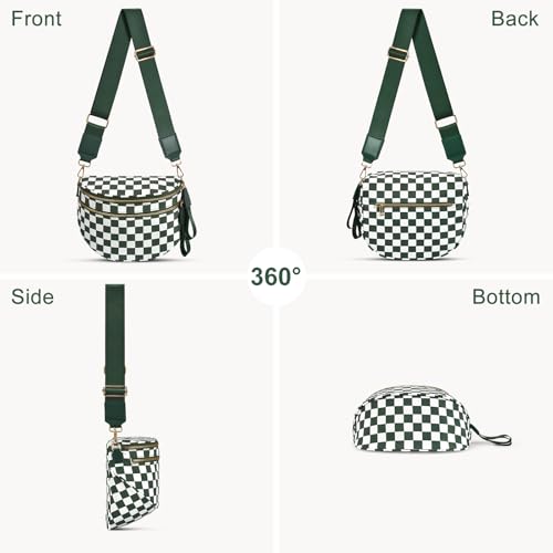Checkered Nylon Crossbody Bag Bum Bag for Women Mom Large Checkered Fanny Packs with Adjustable Strap - color: Bean Green Checkered