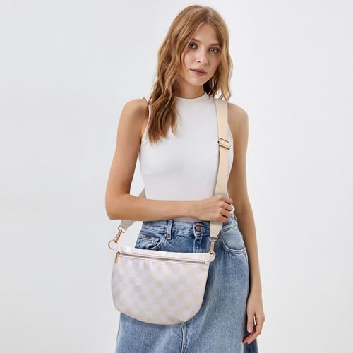 KALIDI Checkered Crossbody Bags for Women Travel Flat Fanny Packs for Woman Men Nylon Cross Body Purse Fashion Belt Bum Bag - color: Beige Checkered