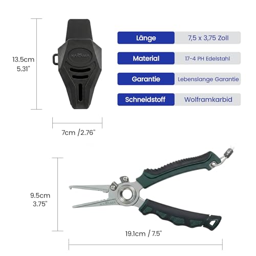 KANAMA 17-4 Stainless Steel Fishing Pliers, 7.5 Inch Rust Saltwater Fishing Pliers with Split Ring, Fish Hook Remover with Tungsten Carbide Braid Cutters, Non-Slip Handles Fishing Gifts for Men