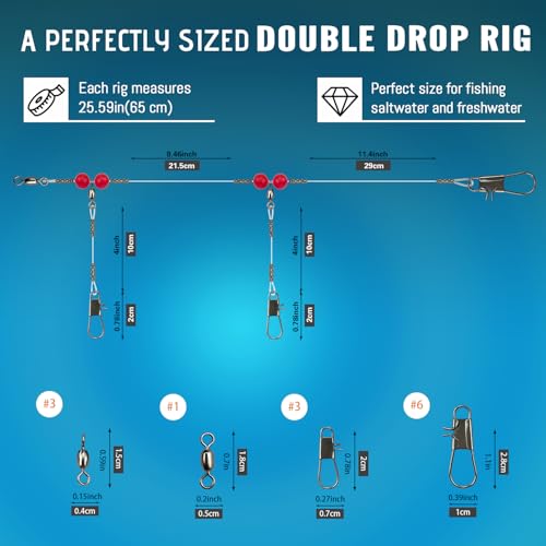 Narcissus Double Drop Saltwater Fishing Rig – Mono 2 Hook Bottom Rigs with Swivels & Snaps, Pre-Tied Surf Pier Boat Leader Line for Snapper, Bass, Mackerel, Catfish - color: Double Drop Rig-36