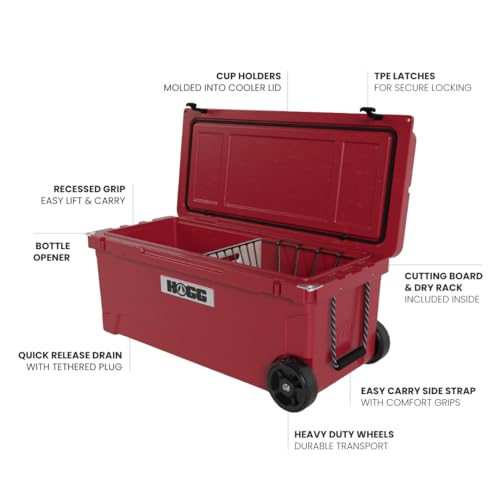 Hogg Rotomolded Coolers, Ice Chest with Wheels, Wheeled Cooler, Rotomolded Ice Chest, Dry Storage, Fishing and Camping Items, Birthday Gifts for Men - color: Harvest Red, size: 110qt