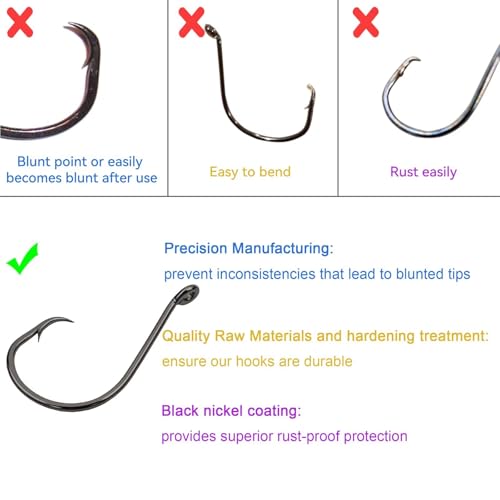 50Pcs Circle Hooks with Fishing Hook Remover, Super Sharp and Offset Catfish Octopus Circle Hooks for Saltwater and Freshwater, Nickel Coated High Carbon Steel, Sizes #1-8/0 - color: Black Nickel with Hook Remover, size: 6/0