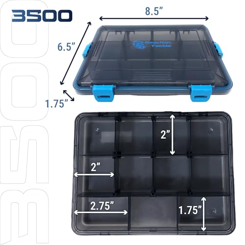 Reaction Tackle Standard Tackle Trays, Plastic Tackle Box Organizers with Four Secure Latches, Removable Dividers and Semi Transparent Lid for Fishing Storage - 3500 (4-Pack) - size: 3500 (4-Pack)