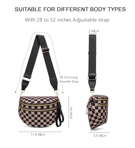 Pure Colour Crossbody Bum Bags for Women Spacious Checkered Cross body Bag Nylon Trendy Fanny Pack for Travel - color: Khaki Black Checkered