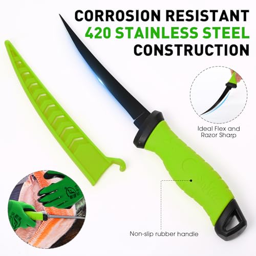 RoundFunny 10 Pcs Fishing Tool Kit, Fishing Pliers with Lanyard and Protective Sheaths, Landing Net, Fillet Knife, Fish Scale, Gripper, Hook Remover, Braid Scissors, Gloves for Men Dad Gift - color: Green
