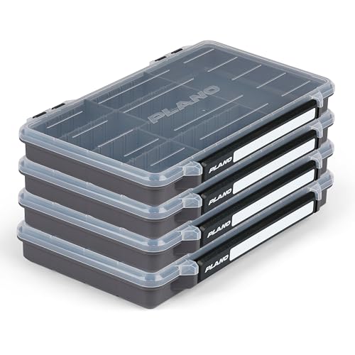Plano StowAway 3600 50/50 Split Stow Tackle Box, 4-Pack, Corrosion-Preventive Rustricor, Single Latch Design, Transparent DuraView Lid, Stackable Storage for Fishing Bait, Lures and Gear - size: 3700 50/50 Split 4-Pack, style: New Model