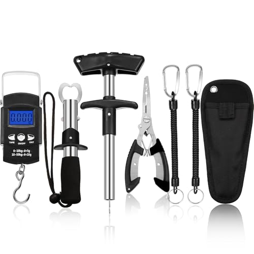 Honoson Fishs Hook Remover Tools Kit Include 1 Pcs Handheld Digital Fish Scale and Fishing Hook Remover Tool and Fish Lip Gripper and Fishing Plier with Sheath and 2 Pcs Fishs Tool Lanyards - color: Silver