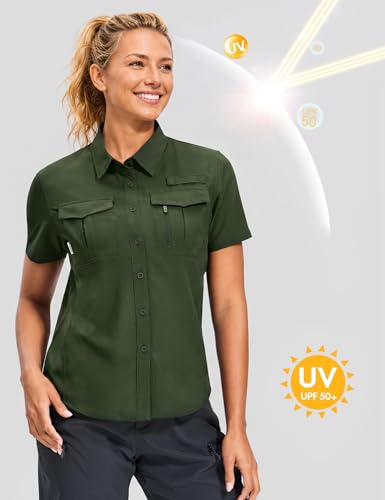 Haimont Women's UPF 50+ Short Sleeve Hiking Button Down Shirt | Quick-Dry Stretch, Mesh Back Vents, 2 Chest Pockets + Zip Pocket, Sunglasses Loop, Lens Cloth, Travel - color: Army Green, size: Small