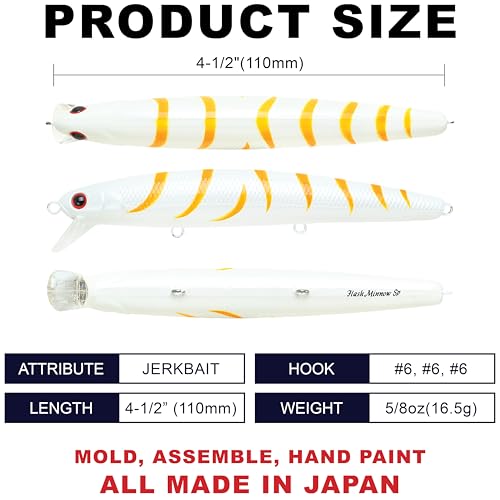 LUCKY CRAFT FlashMinnow 110, Saltwater Fishing Lures, Jerkbait Surf Fishing Accessories and Gear, 1-2 ft Slow Suspending Topwater Lure, Halibut and Bass - color: 648 White Tiger