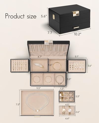 VLANDO 3 Layer Jewelry Box - Women Jewelry Box with Retractable Tray - Jewelry Organizers with Drawer for Necklaces, Rings, Bracelets, Earrings, Gift for Couples Mom Girls - Black - color: C.Black, size: 3-Layer