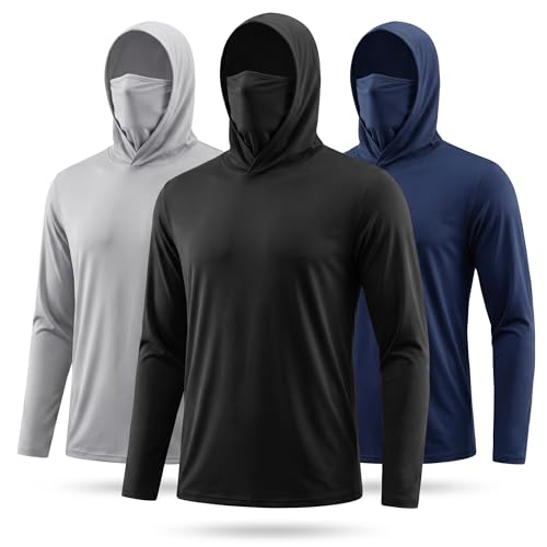 3 Pack Men's Fishing Hoodie with Face Cover - Quick Dry Long Sleeve Performance Tee for Outdoor Sports & Yard Work - color: Black+grey+blue【self-cultivation】, size: 3X-Large