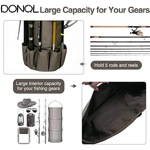 DONQL Fishing Rod Bags, Outdoor Fishing Pole Case, Multifunction Camping Portable Travel Carry Cases Backpack, Fishings Rod and Reel Case Holds 5 Poles & Rig Tackles, Fishings Gift for Men - color: Khaki