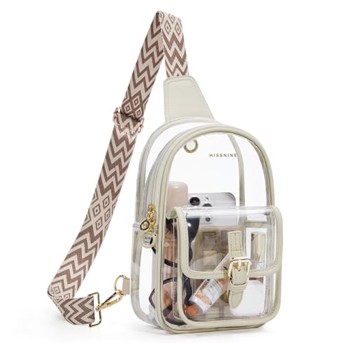Missnine Anti-Theft Clear Sling Bag Clear Fanny Pack Stadium Approved Crossbody Bag Purse Trendy Heavy Duty Transparent Chest Bags with Guitar Strap for Concerts Sport Events - color: P-light Tan[anti-theft]