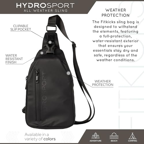 FITKICKS Hydrosport All Weather Sling Bag Unisex Crossbody Travel Hiking Chest Bag - color: Midnight Black