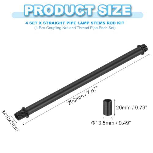 PATIKIL Straight Pipe Lamp Stems Rod Kit, 4Set M10 Carbon Steel 200mm(7.87") Long Double End Thread Rod with Coupling Nuts Sleeve Connector for Table Lamps Chandeliers, Black - color: Black, size: 200mm(7.87")