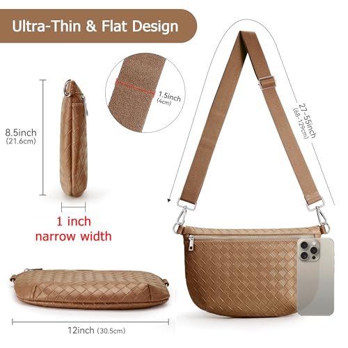KALIDI Woven Crossbody Bags for Women Travel Vegan Leather Fanny Packs for Woman Cross Body Purse Fashion Belt Bum Bag with Wide Strap - color: Dark Brown