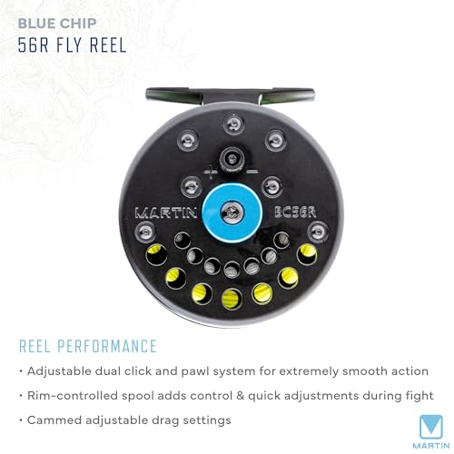Martin Blue Chip 56R Fly Reel, 3 to 5-Weight, CNC Machined Aluminum Frame, Dual Click and Pawl System, 20 Pound-Test Backing, Black