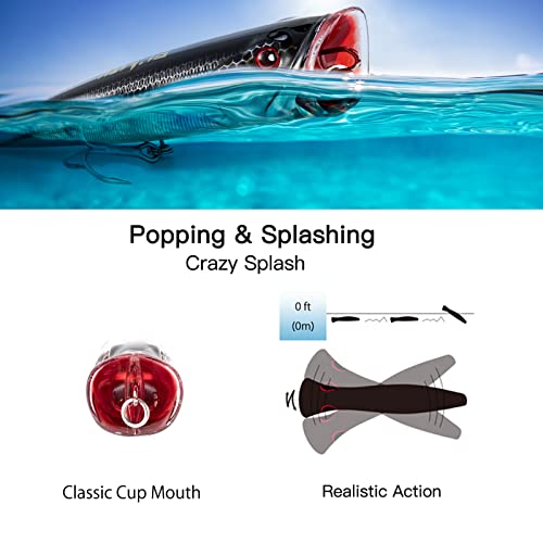 Dr.Fish Popper Saltwater Fishing Lures, 4/5.5 Inches GT Popper VMC Treble Hooks Surf Fishing Lures for Bass Striper Pike Salmon Offshore - color: Red/White, Blue/Purple, Blue Herring-3 Pack, size: 5.5"