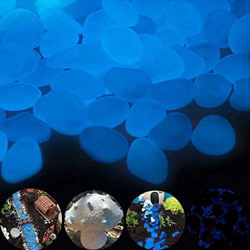 GLOCARNIVAL Glow Pebbles, 300 pcs Blue Glowing Rocks for Outdoor Decor, Garden Lawn Yard, Aquarium, Walkway, Fish Tank, Pathway, Luminous Pebbles Powered by Light or Solar - color: Blue