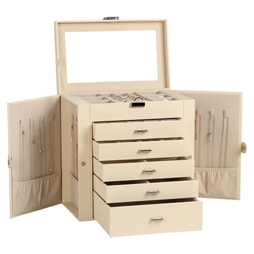 Frebeauty Large Jewelry Box,6-Tier PU Leather Jewelry Organizer,Multi-functional Storage Case with Mirror,Accessories Holder with 5 Drawers for Necklace Bracelets Watches(Beige) - color: Beige, size: Large