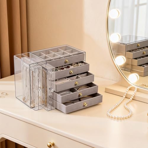 Greenfeather Jewelry Organizer and Storage with 7 Removable Drawers, Clear Acrylic Jewelry Box with 16 Necklace Hooks 48 Pairs of Earring Holes 5 Velvet-Lined Drawers for Rings Bracelets Necklaces - color: Gray-Style B