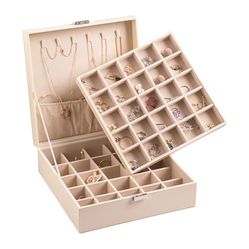 Frebeauty Earring Organizer Classic Jewelry Box 50 Slots Double Layer Jewelry Storage Case with 6 Necklace Hook and Bracelet Pocket(Beige) - color: Beige
