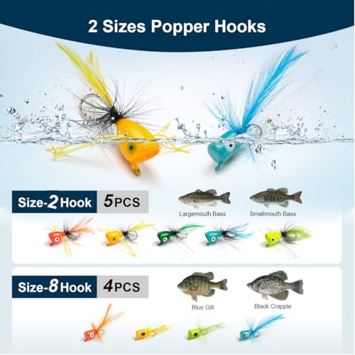 9 pcs Fly Fishing Popper Lures Kit, 2 Sizes Topwater Fishing Lures for Bass Panfish Bluegill Crappie for Freshwater and Saltwater, 2026 New Year Gift for Fishing Lover