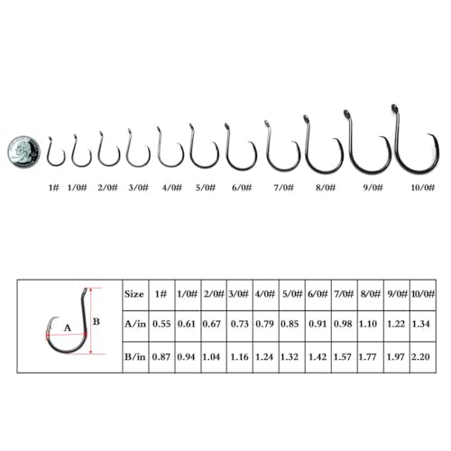 10pcs Extra Strong Offset Circle Hooks Saltwater,Fishing Hook Rig,Sport Fishing Hooks with Leader Black Nickel Coated High Carbon Steel Octopus Fishing Hooks - size: 1/0#