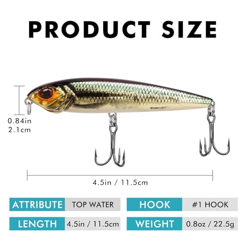 TRUSCEND Popobait Easy Catch Fishing Lures with BKK Hooks, Instant Startup, Longer Cast, Balanced Spray/Sound/Swim, Plopper Topwater Lures for Bass, Trout, Pike, Walleye, Freshwater Saltwater Fishing - color: E4-4.5",0.8oz