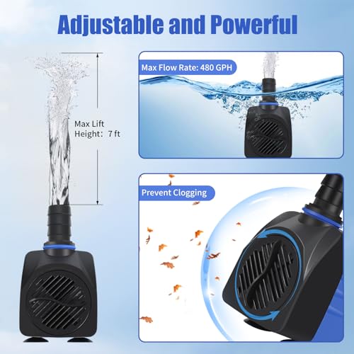 AQUANEAT Small Fountain Pump, 480 GPH Submersible Water Pump for Aquarium Fish Tank, Outdoor Water Fountain, Hydroponics, Pond Filter Pump - size: 480 GPH