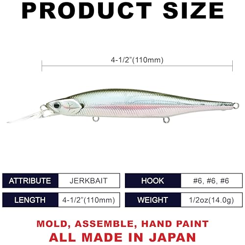 LUCKY CRAFT Lightning Pointer 110DD Deep Diver Freshwater Bass Fishing Lures, Jerkbait Suspending Fishing Lure for Bass & Walleye Fish, Long Casting Fish Gear Accessories for Tackle Box, - color: 410 MH Ghost Minnow