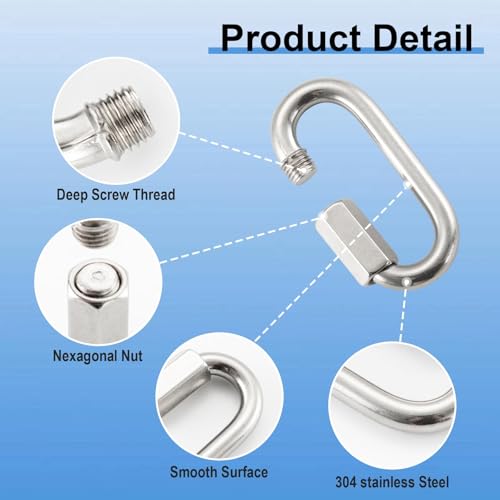 HOME MASTER HARDWARE 304 Stainless Steel D-Shaped Quick Link - 8 Pack 1/4", Threaded Small Locking Carabiner Chain Connector - size: 1/4in，8pack