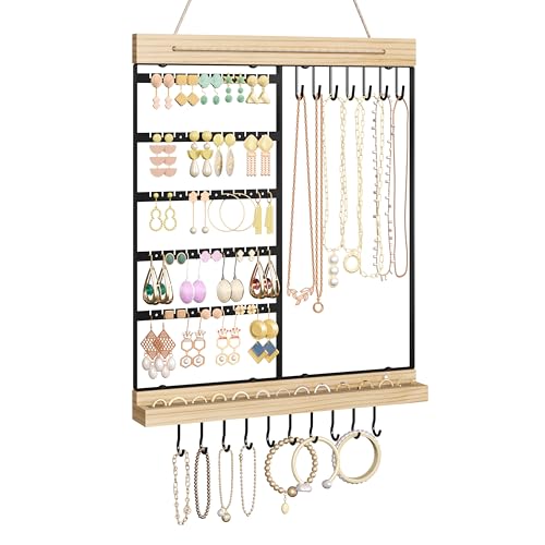 Feyejade Hanging Jewelry Organizer, 5-Tier Wall Earring Holder with Wooden Ring Groove, Jewelry Rack Wall Mounted for Earrings, Necklaces, Bracelets and Rings, Jewelry Holder Stand, Black - color: Black, size: Standard